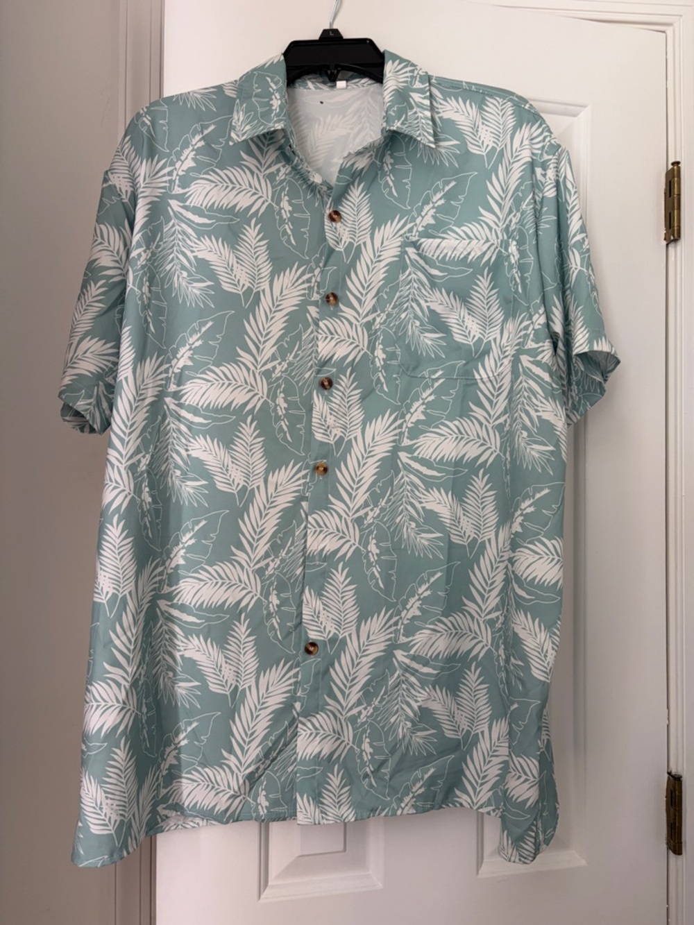 Vintage Mint Green and White Tropical Leaf Button-Up Shirt